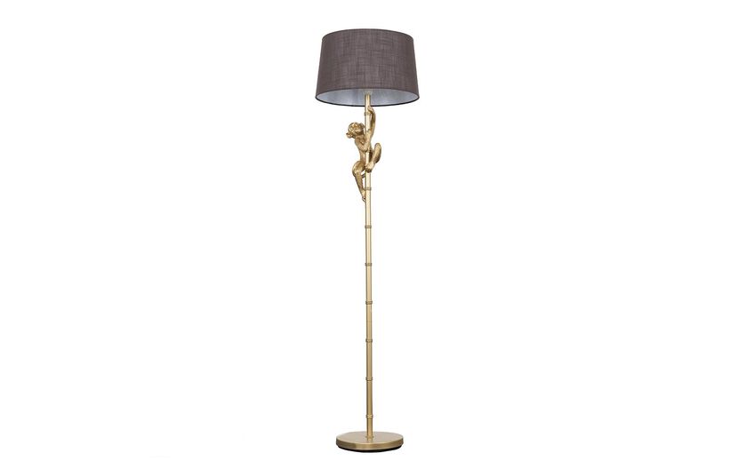 George Monkey Gold Floor Lamp with Grey Faux Linen Shade | Lighting | ScS