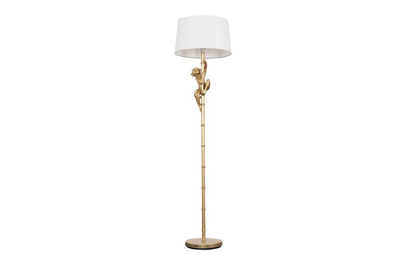 George Monkey Gold Floor Lamp with White Faux Linen Shade | Lighting | ScS
